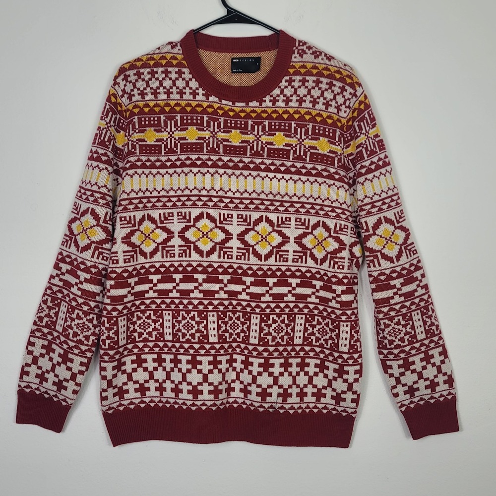 ASOS Men's M Geometric Fair Isle Knit Sweater Red Aztec Western Granpa-core